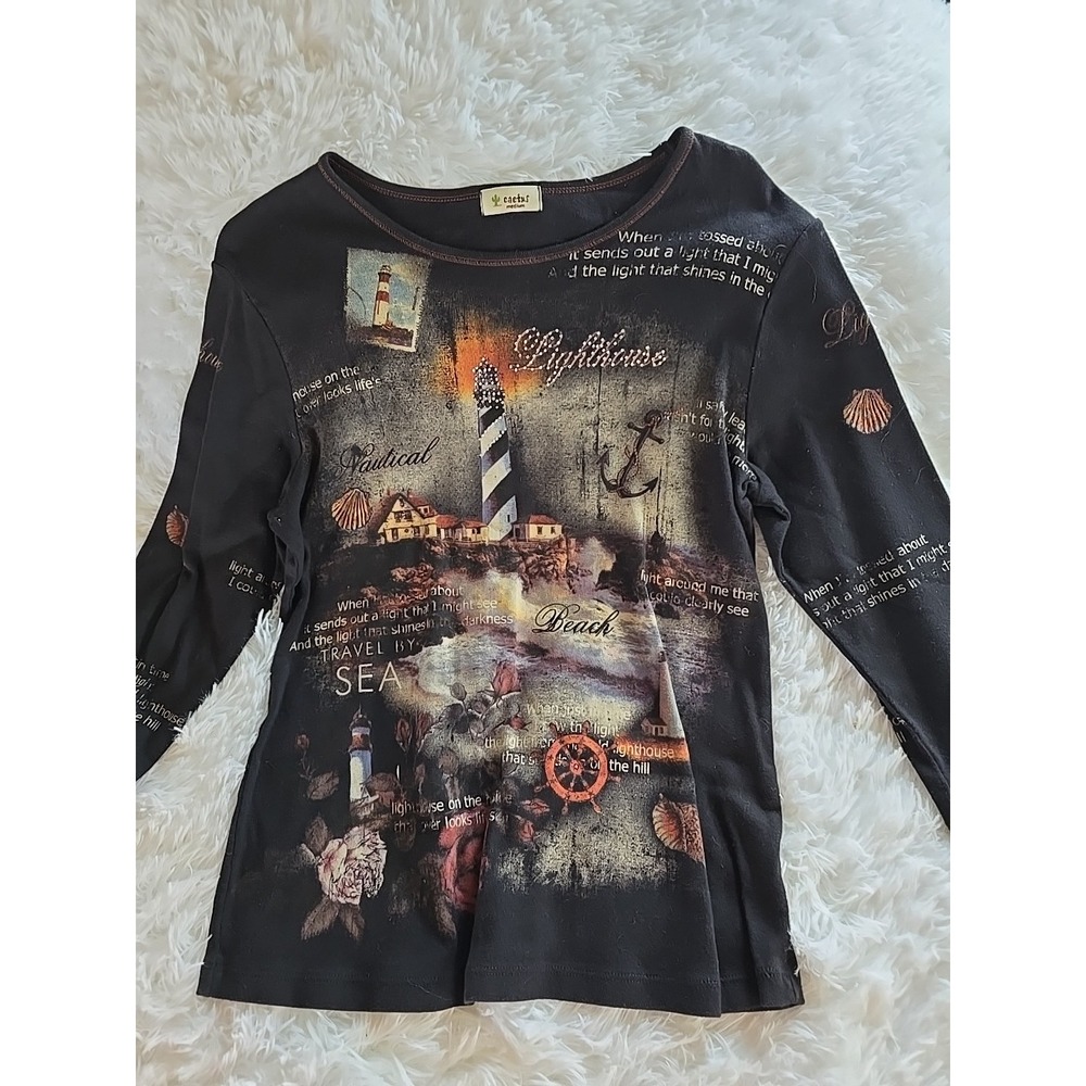 VTG Cactus Lighthouse on the Hillside Y2K Studded Top Shirt Ladies Sz M USA